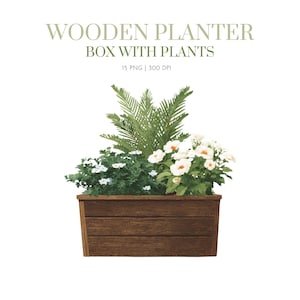 May include: A watercolor illustration of a wooden planter box filled with various plants and flowers. The planter box is a dark brown color. The plants include green ferns, white flowers, and small white flowers. The text "WOODEN PLANTER BOX WITH PLANTS" is at the top.