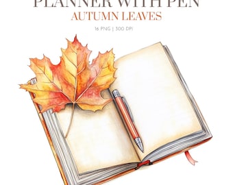 Watercolor Planner and pen Fall Leaves Clipart, Autumn Leaves Clipart, Fall Leaf, Autumn Leaf, Thanksgiving Clipart, Fall Decor, Fall Leaves