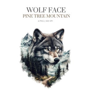Puede incluir: La cara de un lobo está rodeada de una escena de montaña con pinos y niebla. La imagen es una ilustración digital con efecto acuarela.