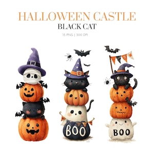 Watercolor Cute Halloween Black cat Clipart , Cute Spooky Halloween ClipArt, Ghost Clipart, Kids Halloween PNG, Cute Little Ghost, Black cat