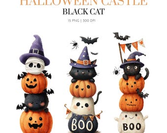 Aquarel schattige Halloween zwarte kat clipart, schattige Spooky Halloween ClipArt, Ghost clipart, Kids Halloween PNG, schattig klein spookje, zwarte kat