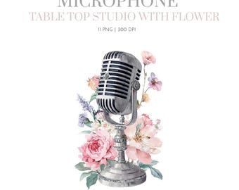 Microphone Table top studio Floral,Retro Microphone Clipart, Microphone floral Png, Musician, Retro Music, Music Clipart, Microphone clipart
