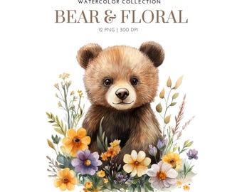 Bloemenbeer aquarel clipart, beer met bloem, teddybeer bloemen, baby beer png, teddybeer clipart, kwekerij, teddybeer clipart, beer