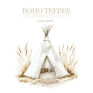 Puede incluir: Ilustración en acuarela de un tipi blanco con elementos de macramé, rodeado de hierba alta y seca. El tipi tiene flecos decorativos y una pequeña alfombra en el interior. El texto "BOHO TEEPEE MACRAME ELEMENTS" está en la parte superior.
