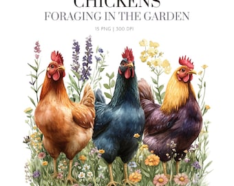 Chicken in the Garden watercolor clipart, Floral Chicken Clipart, Cottagecore Chicken, Farm Animal, Chicken in farm, Chicken clipart png
