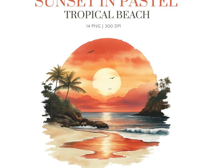 Sunset Beach Clipart - Tropical Palm Tree Digital Illustrations, Sunset ...