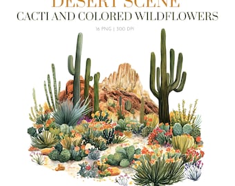 Desert Flower Cactus PNG, Watercolor Desert Flower Clipart, Cactus PNG, Plant, Desert Landscape Clipart, Sunset Desert Clipart, Cactus png