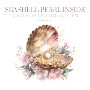 Puede incluir: Ilustración en acuarela de una concha con una perla grande y perlas más pequeñas en su interior. La concha está rodeada de flores rosas, hojas y una gema. El texto en la parte superior dice "Seashell Pearl Inside" y "Magical Sea Floral and Gem".
