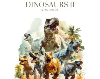 Watercolor Dinosaurs Clipart png, Jurassic Dino Clipart, Prehistoric Illustrations, Dinosaur illustration, Dino Clipart design, Dinosaur png