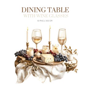 May include: A wooden table setting with two wine glasses filled with white wine, a cheese board with grapes, and candles. The table is covered with a white tablecloth with gold accents.