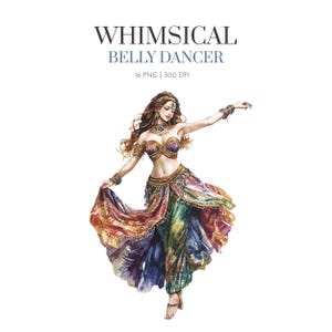 Puede incluir: Una ilustración de acuarela de una bailarina de vientre con un traje colorido con detalles dorados. Está en una pose de baile con los brazos extendidos y su falda fluyendo a su alrededor.