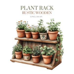 Watercolor Plants Rack Wooden Clipart, Potted plants clipart, Plants PNG, Succulent Clipart, Home Plants, Greenery Home, Plants clipart PNG