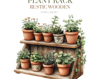 Watercolor Plants Rack Wooden Clipart, Potted plants clipart, Plants PNG, Succulent Clipart, Home Plants, Greenery Home, Plants clipart PNG