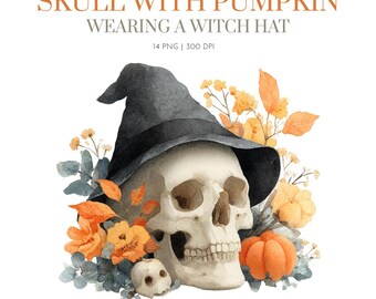 Skull Pumpkin Autumn Floral Halloween Clipart PNG , Halloween Watercolor PNG, Autumn Clipart, Skull with Flowers, Pumpkin , Floral Pumpkins