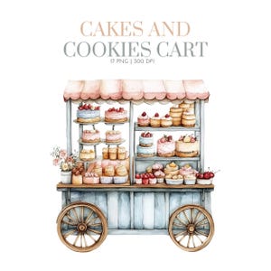 Taart display winkelwagen clipart, zoete lekkernijen aquarel clipart, smakelijke desserts, donuts, koekjes, cupcakes, macarons, bakkerijkar, bakkerijwinkel, png