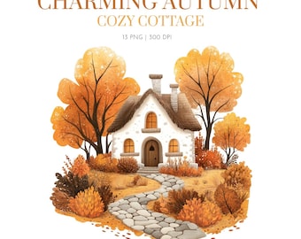 Cozy cottage Autumn theme, Watercolor Autumn Clipart, Cozy Fall Cottage Clipart, Cottagecore Fall, Autumn Pumpkin Clipart,Rustic Autumn Mood