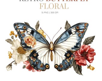 Watercolor Retro Butterflies floral Clipart, Butterfly PNG, Colorful Butterfly Spring Clipart Floral Butterfly Clipart Insect, Butterfly png