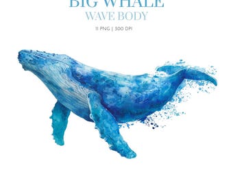Whale In Sea Clipart, Whale art design wave body,Nautica clipart, Whale clipart Whale Illustration, Nautical, Blue Whale,Nautical watercolor