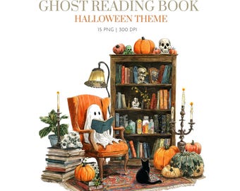 Fantasma retro leyendo libros en la biblioteca, fantasma de bibliotecario (PNG), fantasma de Halloween, tema de Halloween, escuela de abucheos, fantasma divertido de Halloween