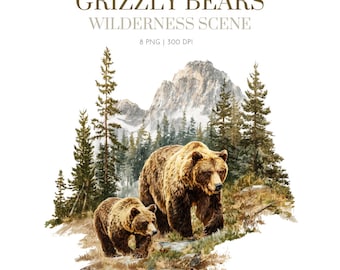 Grizzly Bear Clipart, Watercolor Grizzly Bear Clipart,Wilderness Art,Grizzly Bear Watercolor Clipart,Grizzly Bear Cute Clip Art,Bear Clipart