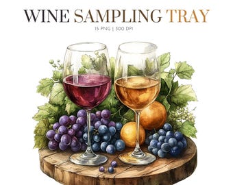May include: Watercolor illustration of a wine sampling tray with two wine glasses, one filled with red wine and the other with white wine. The tray is decorated with grapes, leaves, and oranges. The text "WINE SAMPLING TRAY" is at the top.