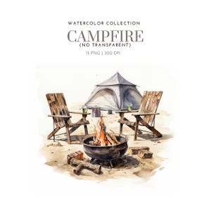 Watercolor Camping Clipart png, Mountain Landscape Clipart, Campsite Illustrations, Tent, Campfire, Lake PNG, camping clipart, campfire png