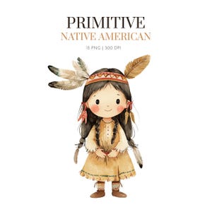 Może przedstawiać: Akwarelowa ilustracja dziewczynki z Ameryki Północnej w beżowej sukience, warkoczach i pióropuszu. Obraz zawiera tekst "PRIMITIVE NATIVE AMERICAN" i "15 PNG | 300 DPI". Dziewczynka trzyma liście i ma słodki wyraz twarzy.