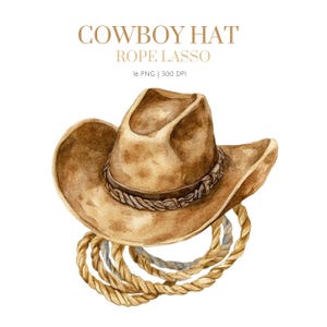 Puede incluir: Ilustración en acuarela de un sombrero de vaquero marrón con un lazo de cuerda. El sombrero tiene un ala ancha y una banda decorativa. El texto "COWBOY HAT ROPE LASSO" está en la parte superior.