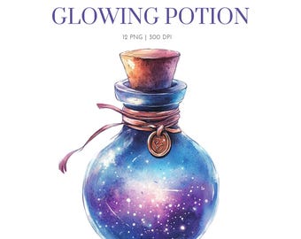 Watercolor Witch Potions Clipart, watercolor gothic magic potion bottles, Wiccan fantasy potion, Witchy potions clipart, Glowing Potion png