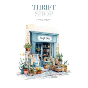 Pode incluir: Ilustração em aquarela de uma loja de segunda mão com fachada azul e uma placa que diz "Thrift Shop". A loja é decorada com plantas em vasos e um varal de roupas. A imagem inclui o texto "17 PNG | 300 DPI."