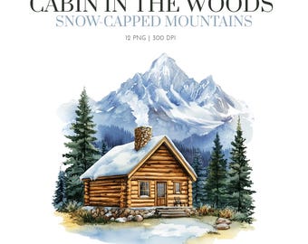 Cabane dans la montagne aux sommets enneigés des bois, cabane en rondins dans la montagne enneigée, paysage thème hivernal, cabane dans la forêt clipart, clipart forêt