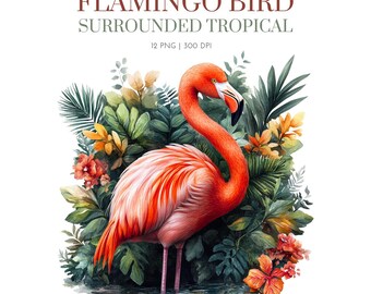 Flamingo Tropical, Floral Flamingo Clipart, Bird Clip Art, Tropical Flamingo, Watercolor Pink Flamingo Clipart, Flamingo Tropical floral png