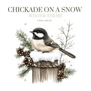 Clipart aquarelle mésange à tête noire, clipart oiseau mésange, thème de l'hiver, clipart neige mésange, mésange sur une neige, conception de mésange