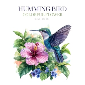 Watercolor Hummingbirds colorful flower Clipart, Watercolor Hummingbirds Images clipart, Hummingbird floral png, Hummingbird flowers clipart