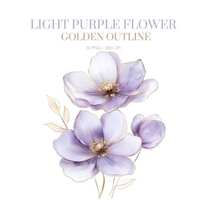 Lila Blume goldene Kontur, lila Blume Aquarell Clipart, lila und Gold Aquarell Blumen Clipart Bündel, luxuriöse lila Blumen