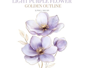 Purple flower golden outline, purple flower watercolor clipart , Purple and Gold Watercolor Floral Clipart Bundle, Luxurious Purple Flowers