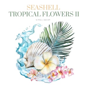 Watercolor seashells with tropical flower sea foam clipart, summer clip art, Tropical clipart, Seashell clipart,Tropical seashell clipart II