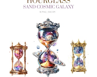 May include: Watercolor illustrations of three hourglasses with celestial themes. The hourglasses feature intricate designs, with the sand replaced by cosmic galaxies, planets, and swirling colors of purple, blue, and gold. The text "HOURGLASS SAND COSMIC GALAXY" is at the top.