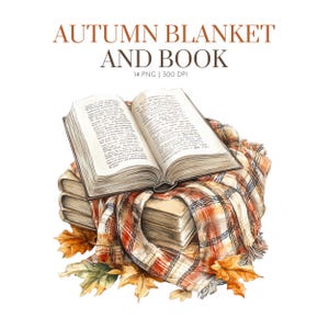 Libro y manta con temática de otoño en acuarela, clipart de otoño acogedor, decoración de otoño, manta de otoño, clipart de otoño, vista de otoño