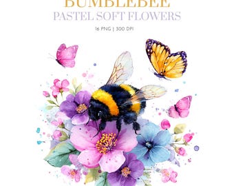 Hummel mit Pastell Blumen Clipart, Hummel Pastell Blume, Aquarell Hummel, Hummel mit Blumen Clipart, Tiere Blumen, Biene png