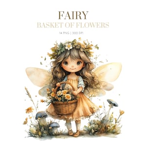 Little Fairy with Basket Floral Clipart, Flower Fairies, Forest Fairy, Watercolor Fairy flowers clipart,Yellow Fairy graphic design, kid art