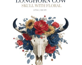 Longhorn Cow Skull and flowers clipart, Cow Skull skull PNG clipart, western PNG,Western Sublimation, floral cow skull with sunflower design