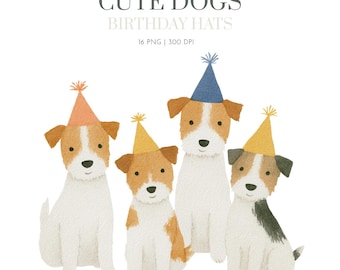 May include: Watercolor illustration of four dogs wearing party hats. The dogs have white and brown fur, and each wears a different colored party hat: orange, yellow, blue, and green. The text at the top reads "CUTE DOGS BIRTHDAY HATS".