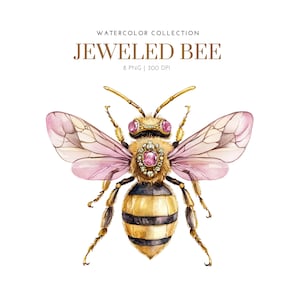 May include: Watercolour painting of a jeweled bee with pink wings, a gold body, and pink gemstones. The bee is depicted in a realistic style.
