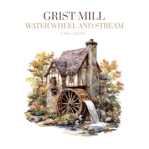 Old Grist Mill PNG, Waterwheel PNG, old Mill PNG, Watermill Clipart , nature Landscape Watercolor, River house Illustration, Watermill png