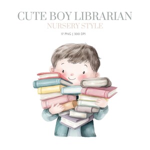 May include: Watercolor illustration of a child holding a large stack of books. The image has text that reads "CUTE BOY LIBRARIAN NURSERY STYLE". The books are various colors, including red, blue, yellow, and pink. The child is wearing a blue shirt.