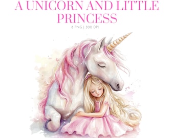 Puede incluir: Una ilustración de acuarela de un unicornio blanco con una crin rosa y una niña pequeña con un vestido rosa. El unicornio está descansando su cabeza sobre el hombro de la niña. La imagen está sobre un fondo de acuarela rosa claro y amarillo.