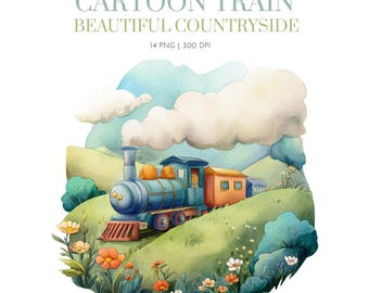 Watercolor train clipart png, quirky cartoon, quirky train, whimsical train, Train Cartoon ,Train Locomotives Clipart, Vintage Locomotive