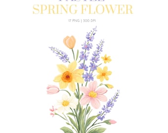 Watercolor spring flowers clipart, Spring Pastel Bouquet watercolor, wildflowers clipart, kid art, Colorful flowers , Pastel Flowers, Spring