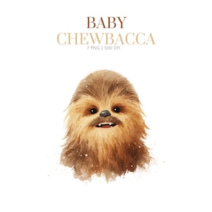 May include: Watercolor illustration of a Baby Chewbacca character. The image features a brown and tan furry face with a small black nose and a slight smile. The text "BABY CHEWBACCA" is above the character.